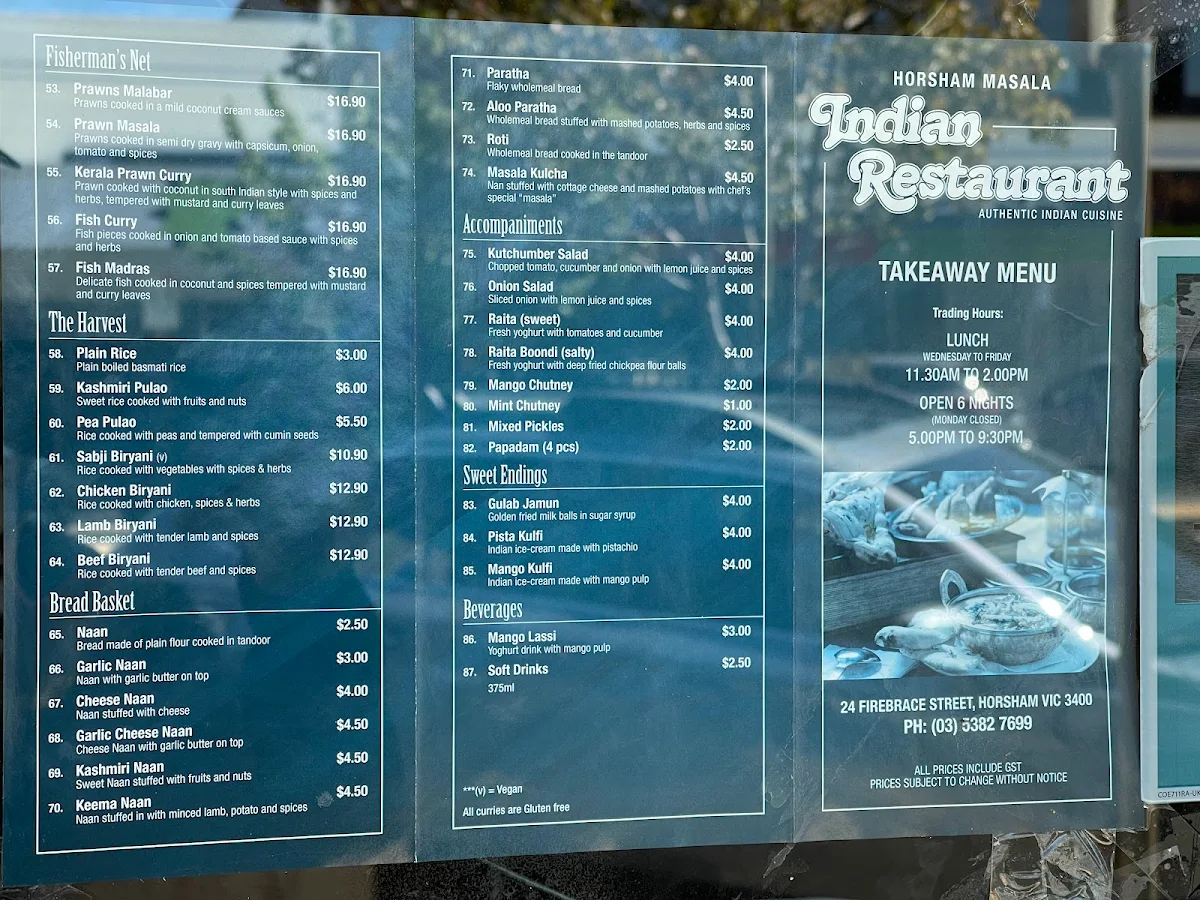 Menu, Horsham Masala Indian Restaurant