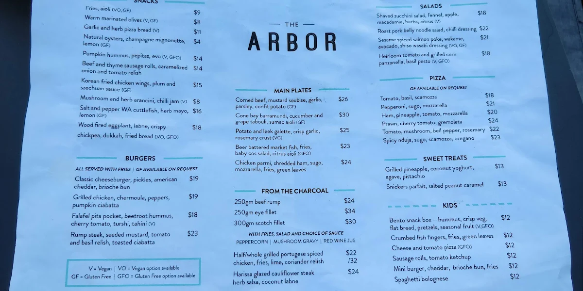 Menu, The Arbor