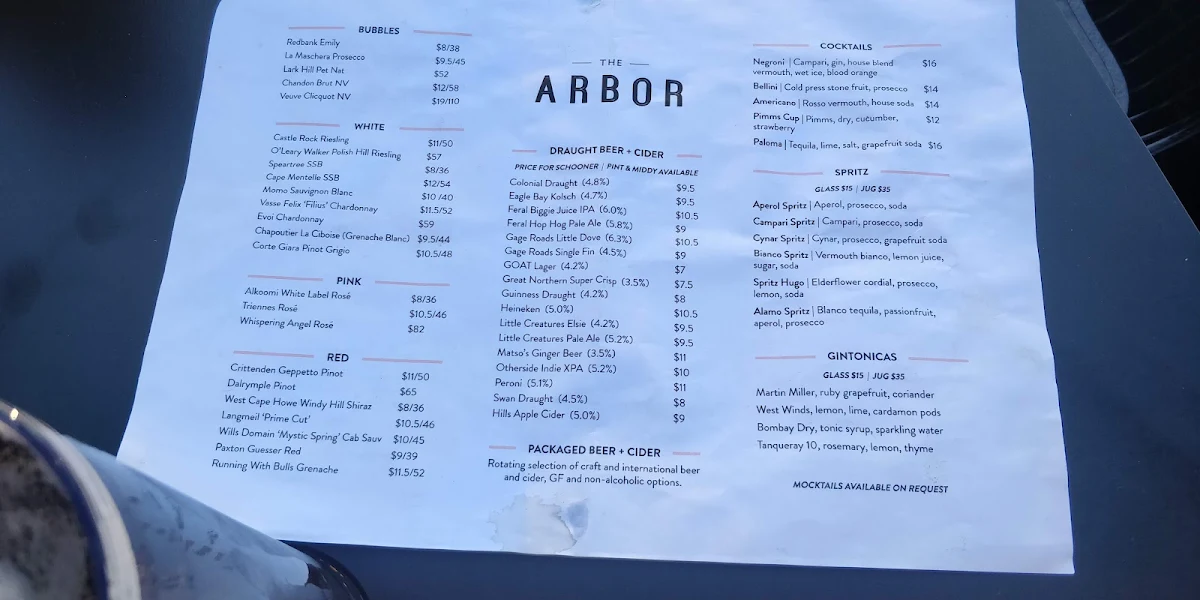Menu, The Arbor
