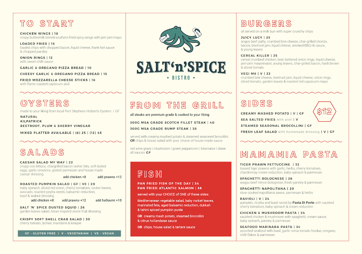 Menu, Salt 'n' Spice Bistro