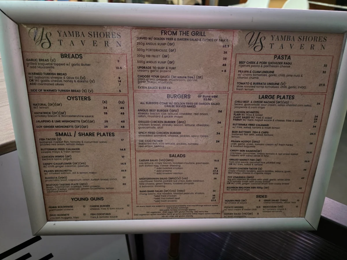Menu, Yamba Shores Tavern