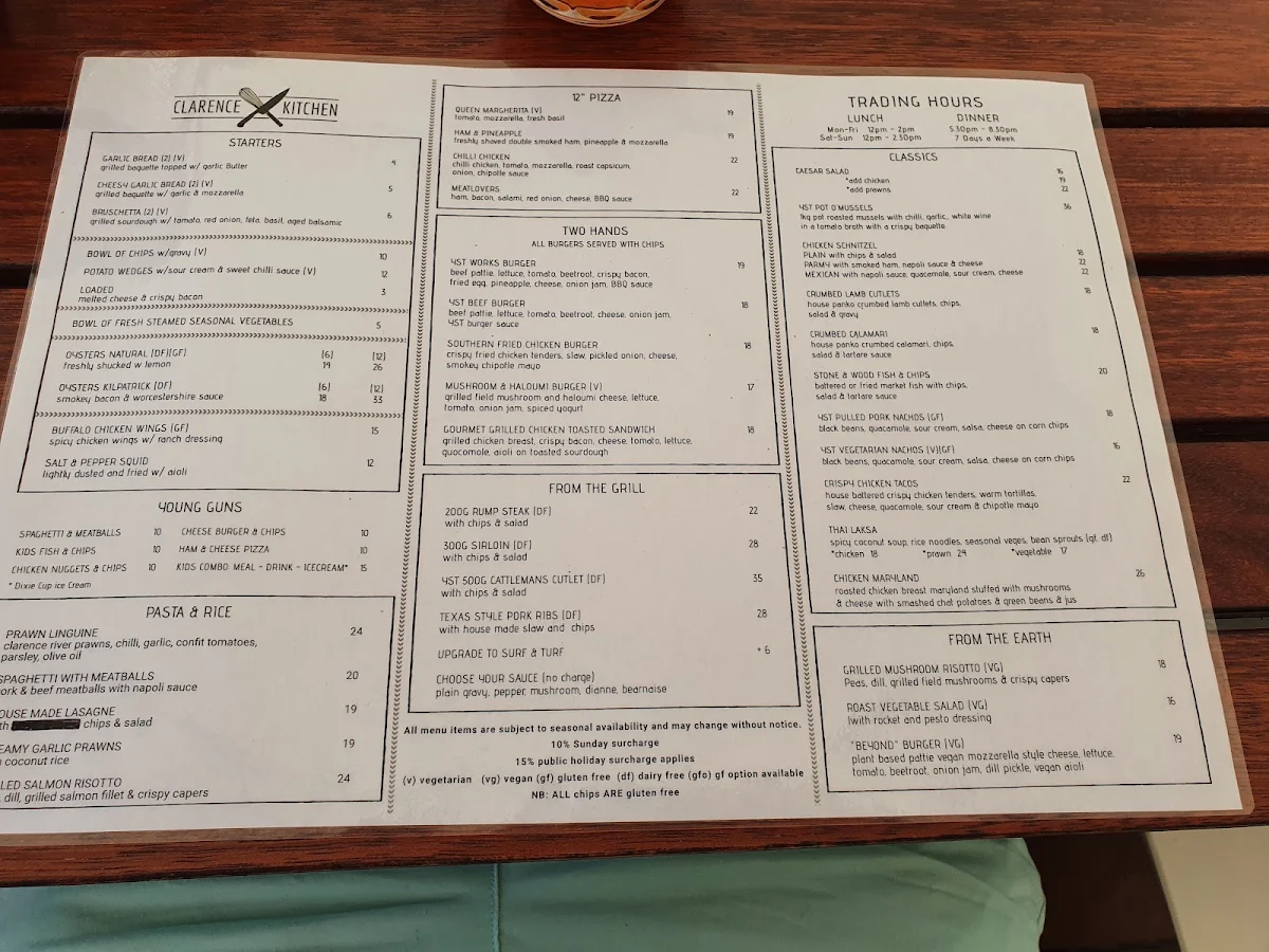 Menu, Yamba Shores Tavern