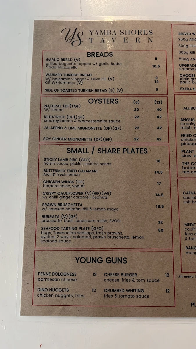 Menu, Yamba Shores Tavern