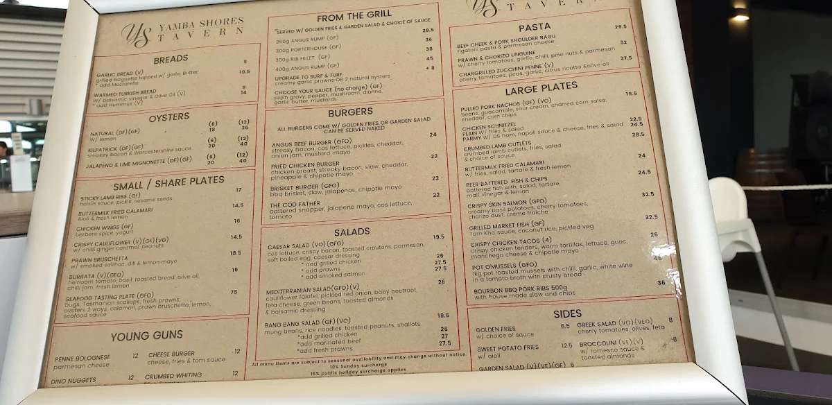 Menu, Yamba Shores Tavern