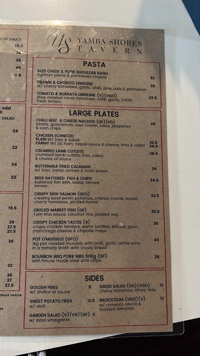 Menu, Yamba Shores Tavern