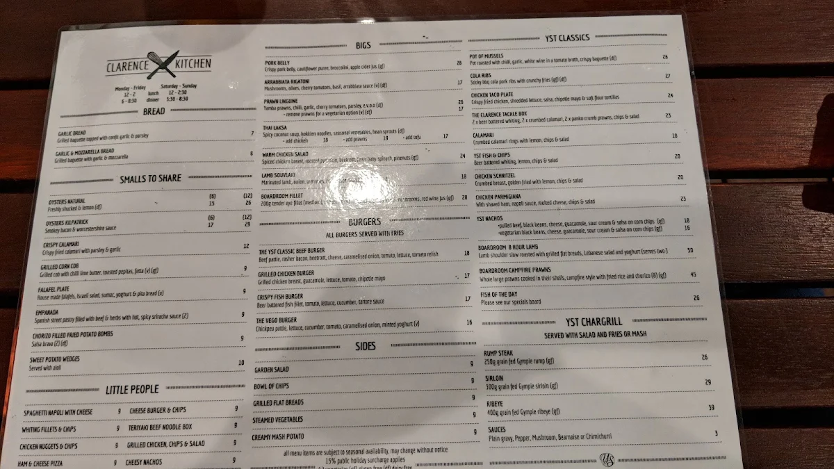 Menu, Yamba Shores Tavern