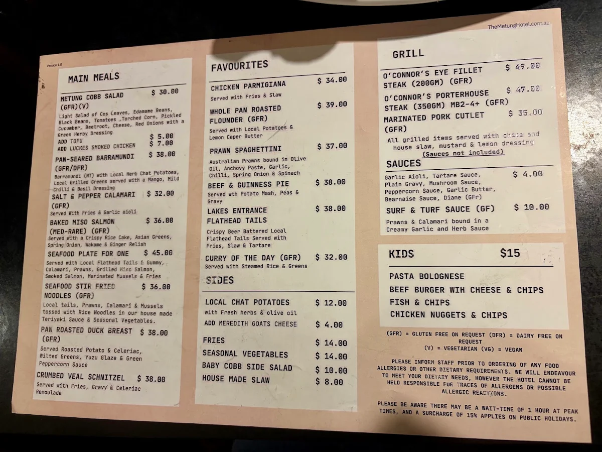 Menu, The Metung Hotel