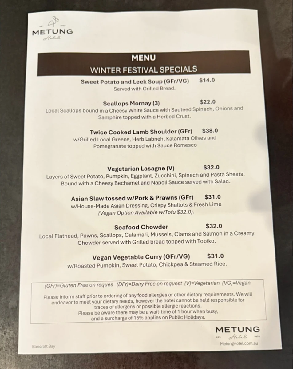 Menu, The Metung Hotel