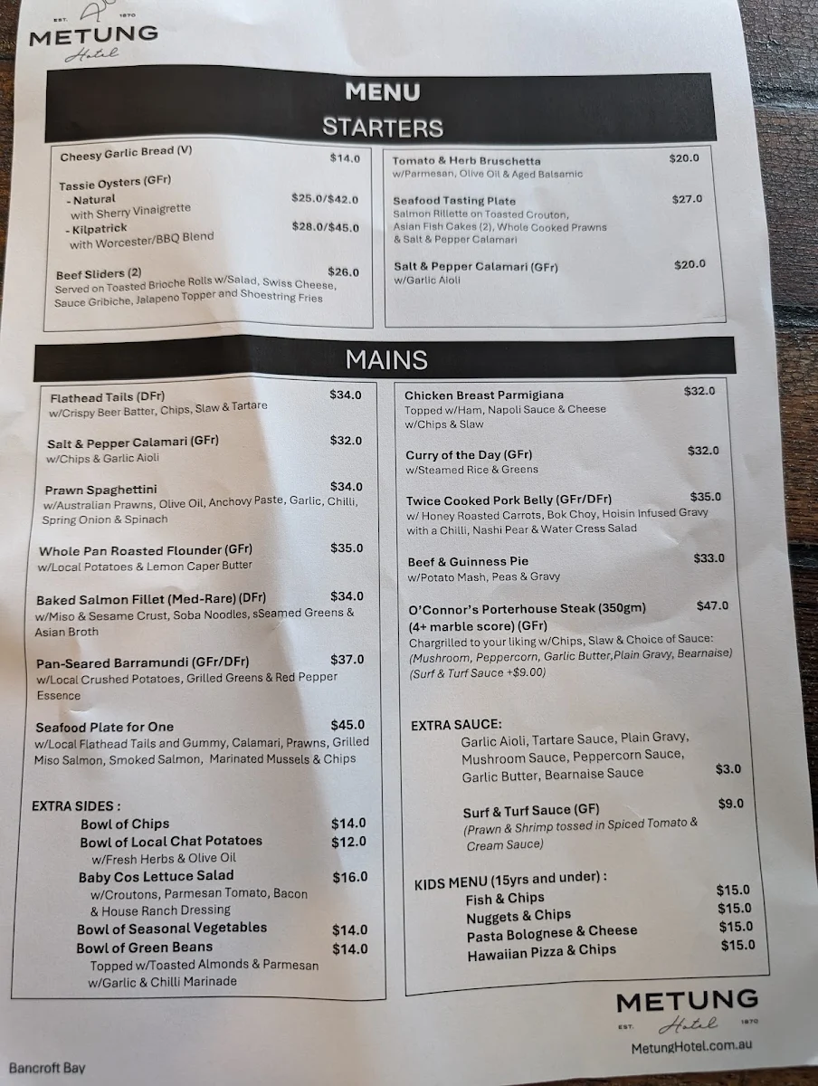 Menu, The Metung Hotel