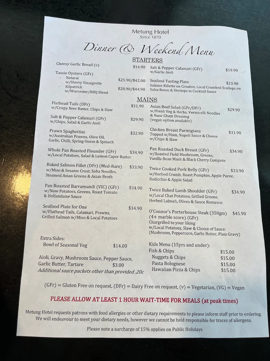 Menu, The Metung Hotel