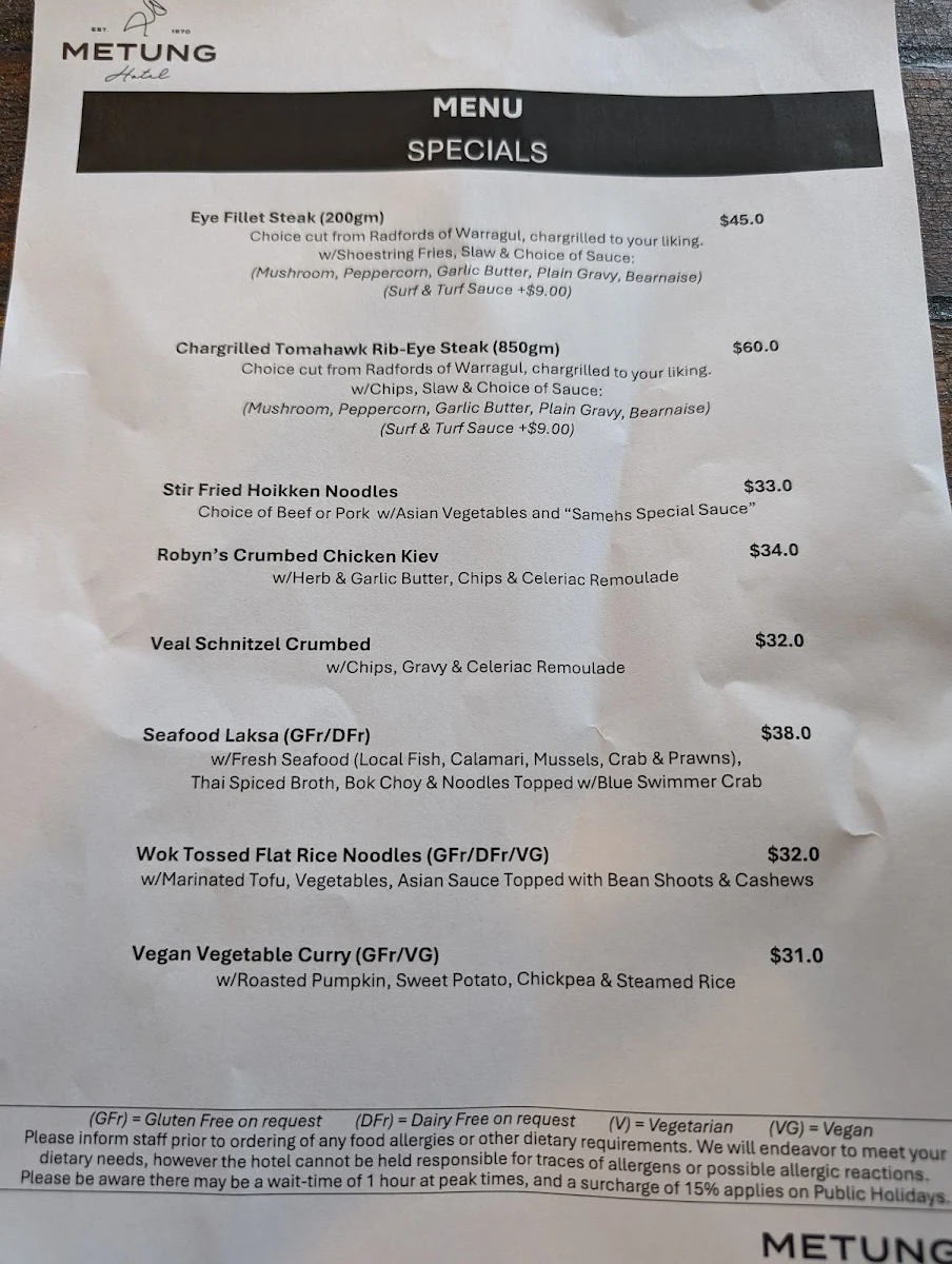 Menu, The Metung Hotel
