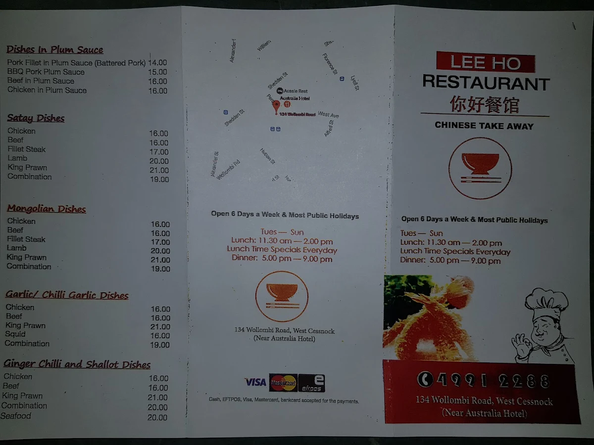 Menu, Lee Ho Restaurant