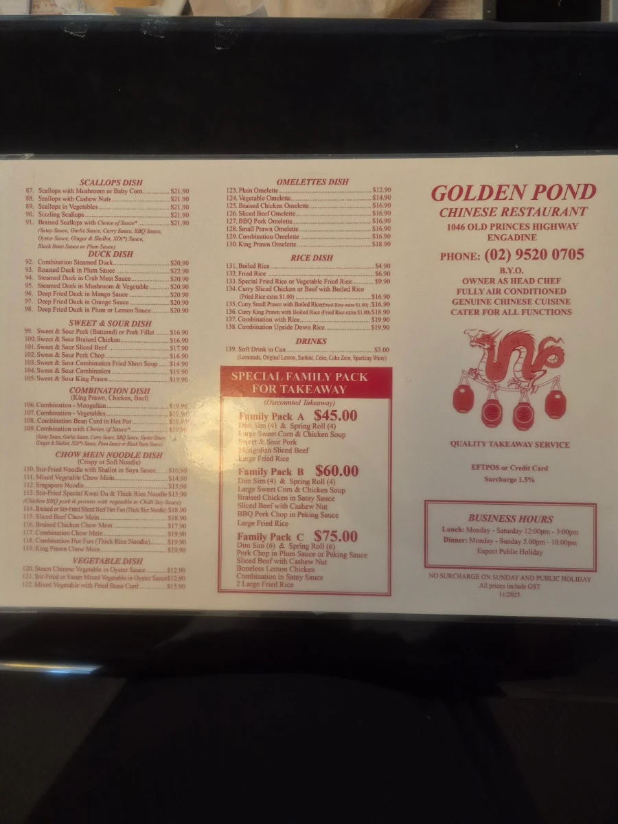 Menu, Golden Pond Chinese Restaurant