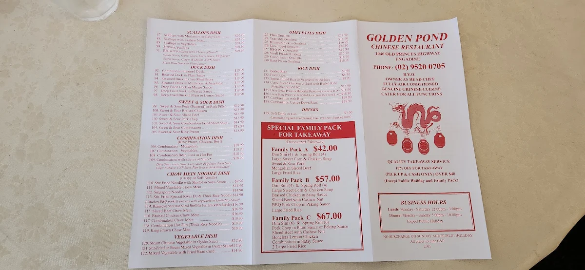 Menu, Golden Pond Chinese Restaurant