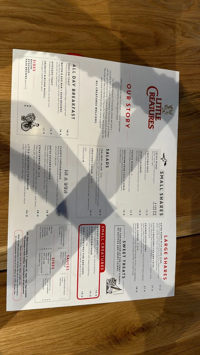 Menu, Little Creatures Bar & Kitchen