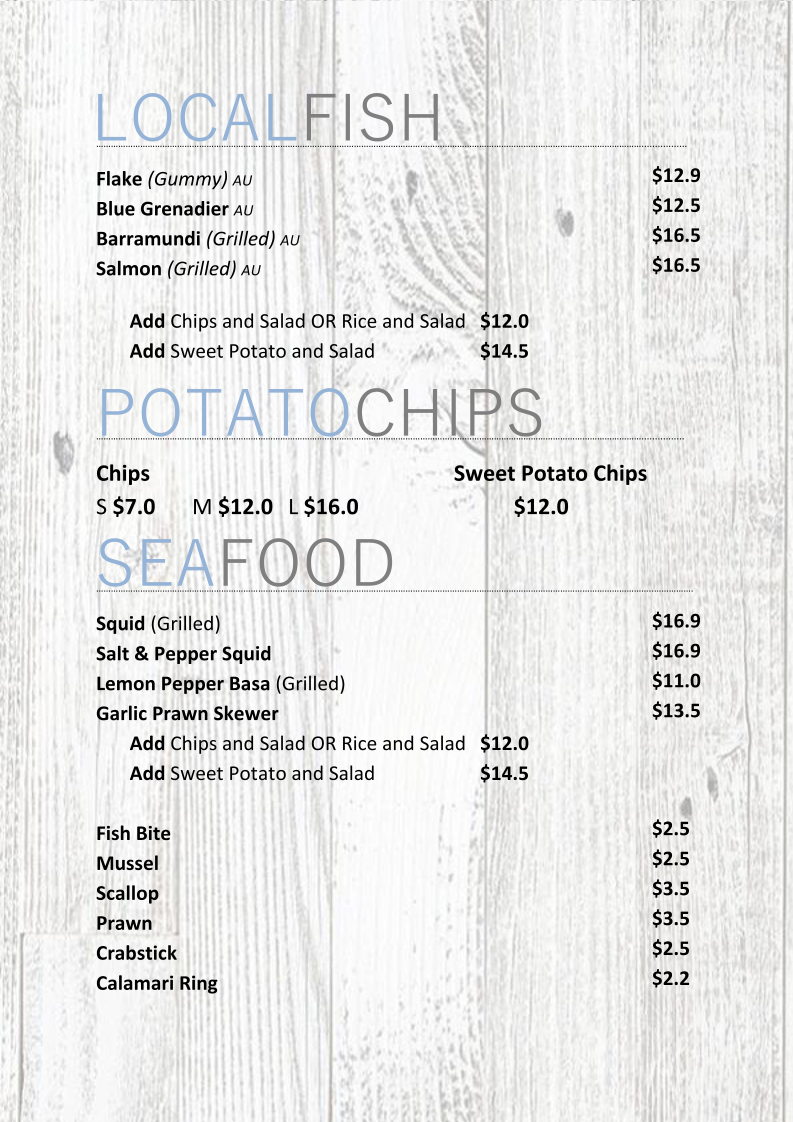 Menu, Fish Salt Hillside