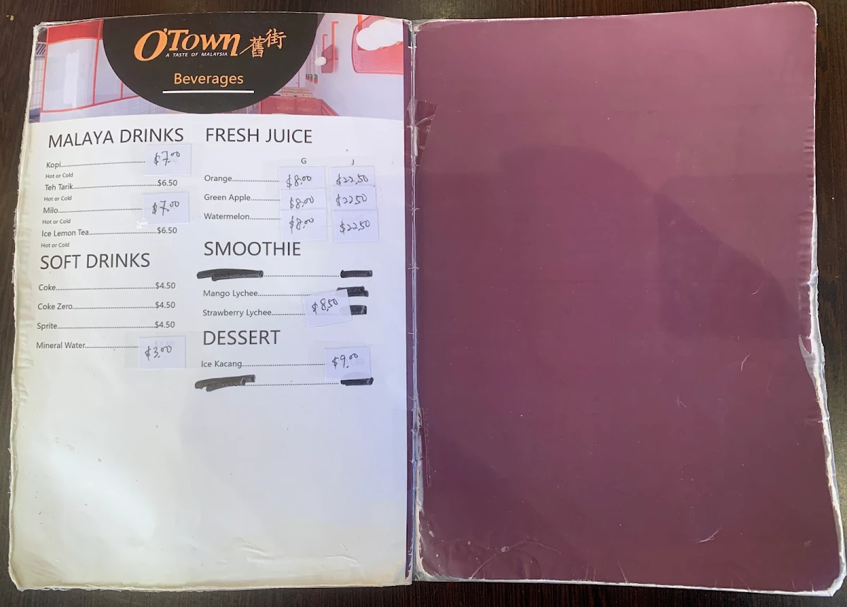 Menu, OTown Chinatown Adelaide