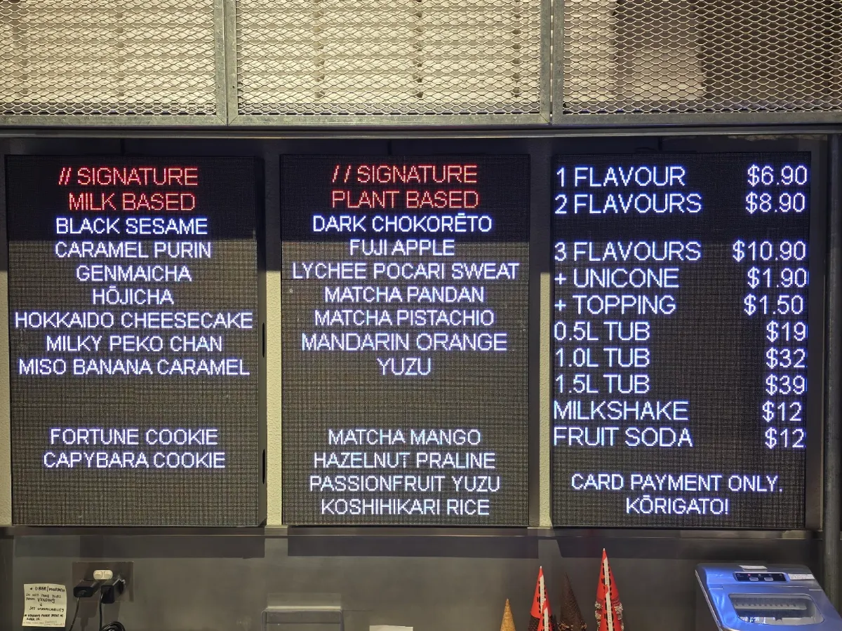 Menu, Kōri Ice Cream CBD