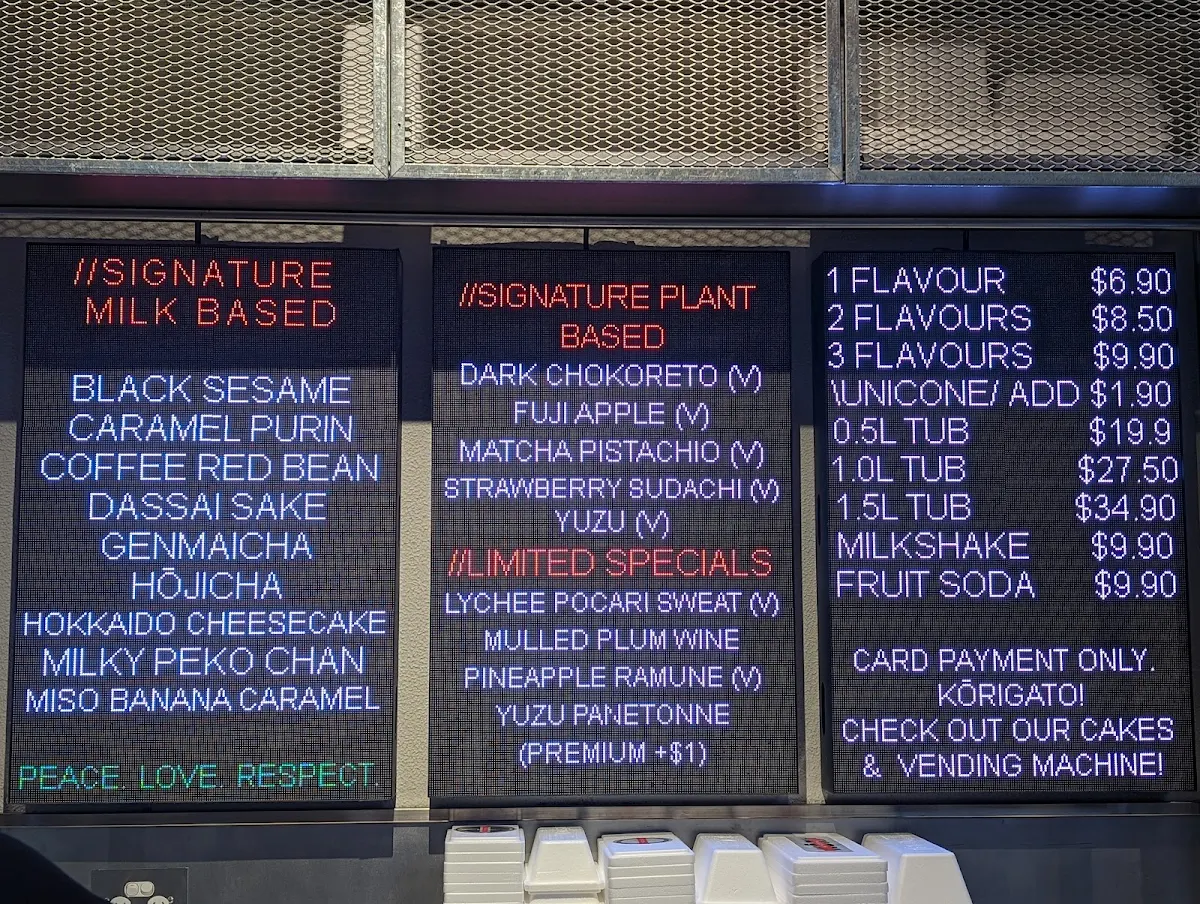 Menu, Kōri Ice Cream CBD