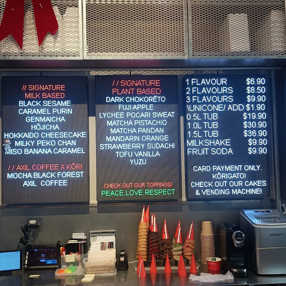 Menu, Kōri Ice Cream CBD