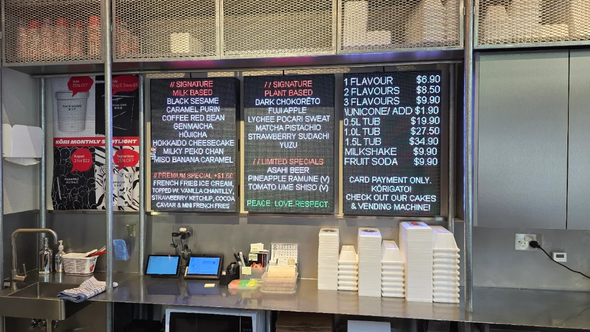 Menu, Kōri Ice Cream CBD