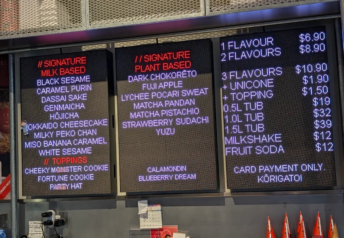 Menu, Kōri Ice Cream CBD