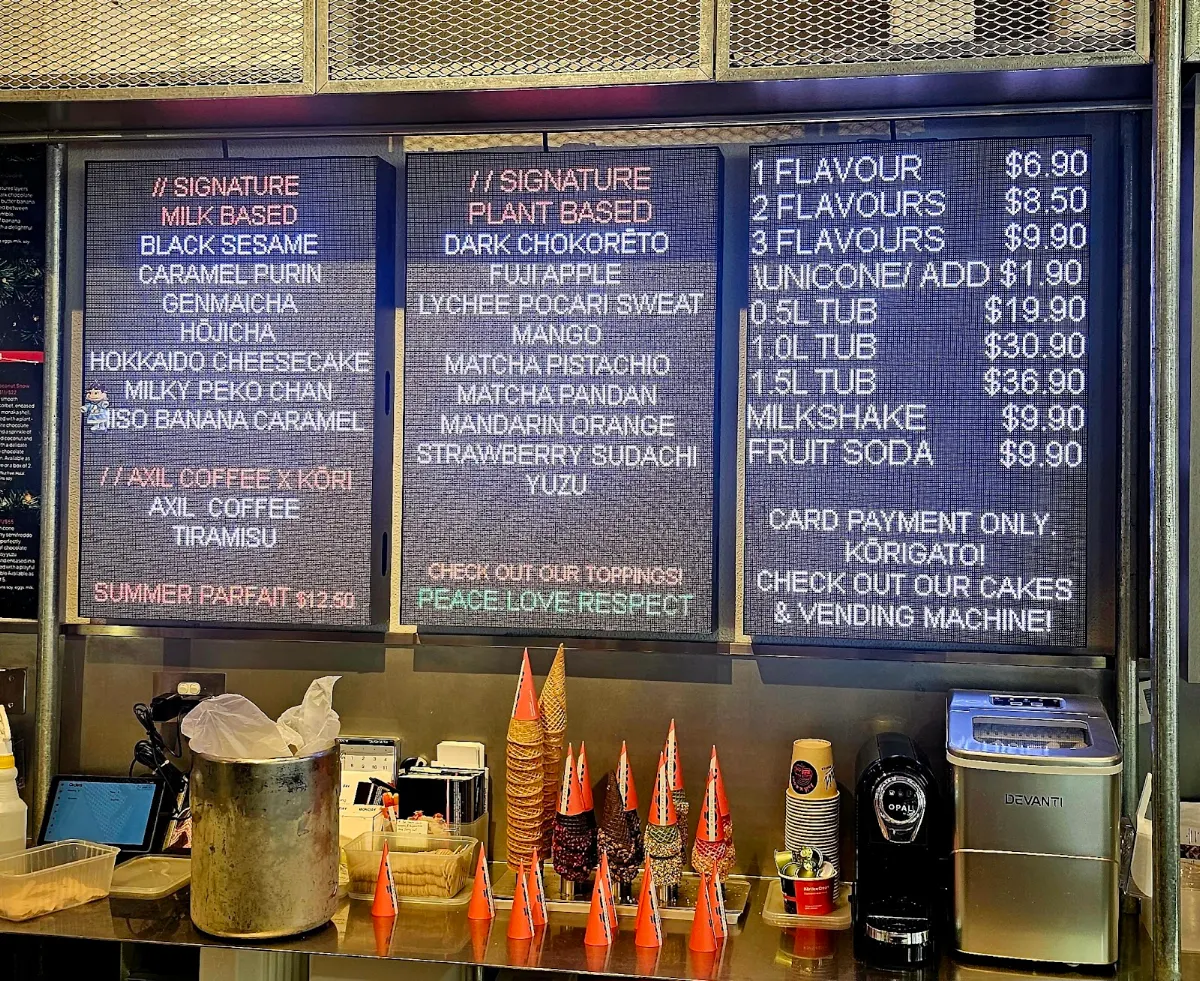 Menu, Kōri Ice Cream CBD