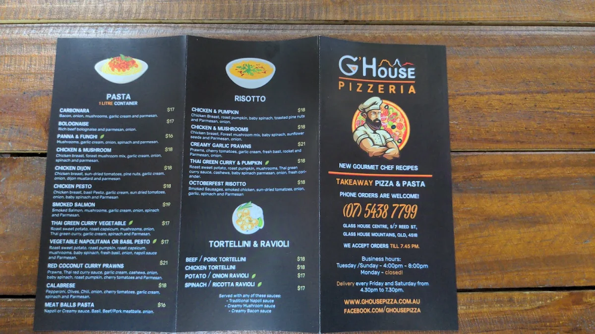 Menu, G'House Pizzeria - Pizza, Pasta & Risotto
