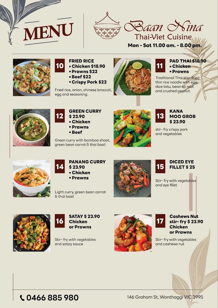 Menu, Baan Nina Thai-Viet Cuisine