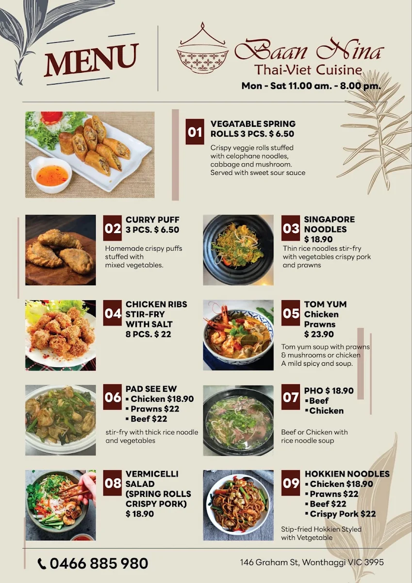 Menu, Baan Nina Thai-Viet Cuisine