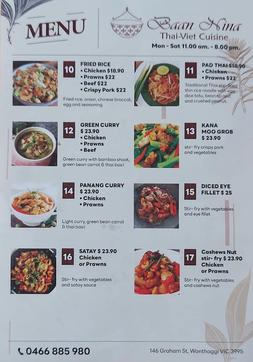 Menu, Baan Nina Thai-Viet Cuisine