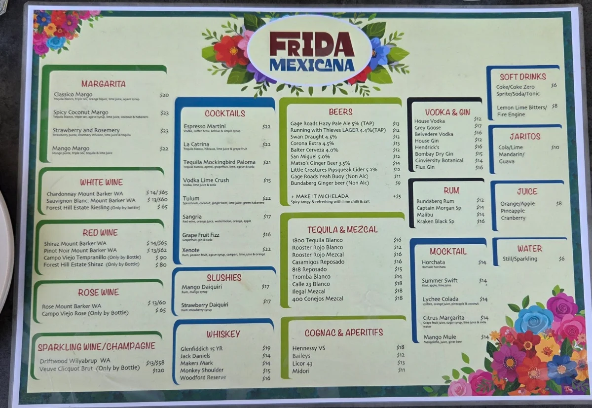 Menu, Frida Mexicana