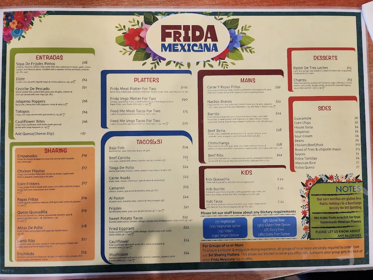 Menu, Frida Mexicana