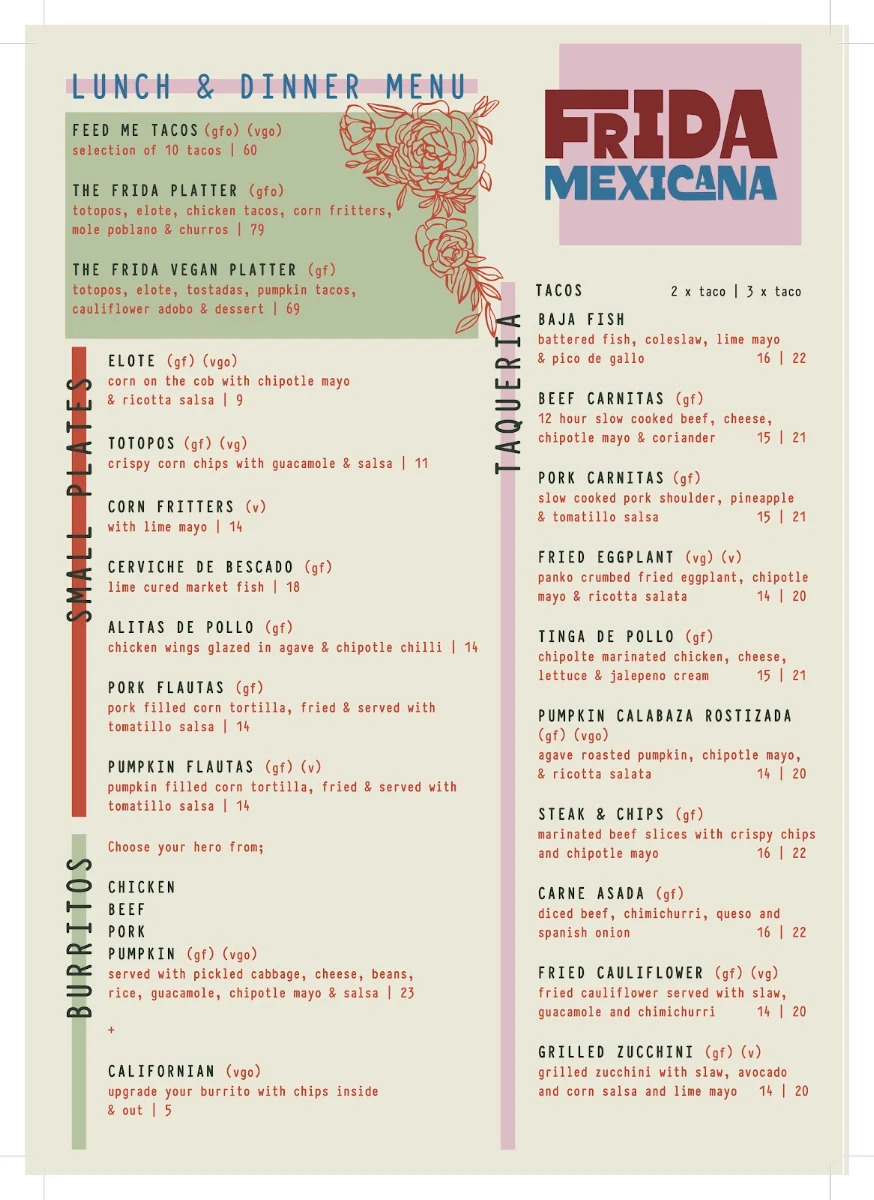 Menu, Frida Mexicana