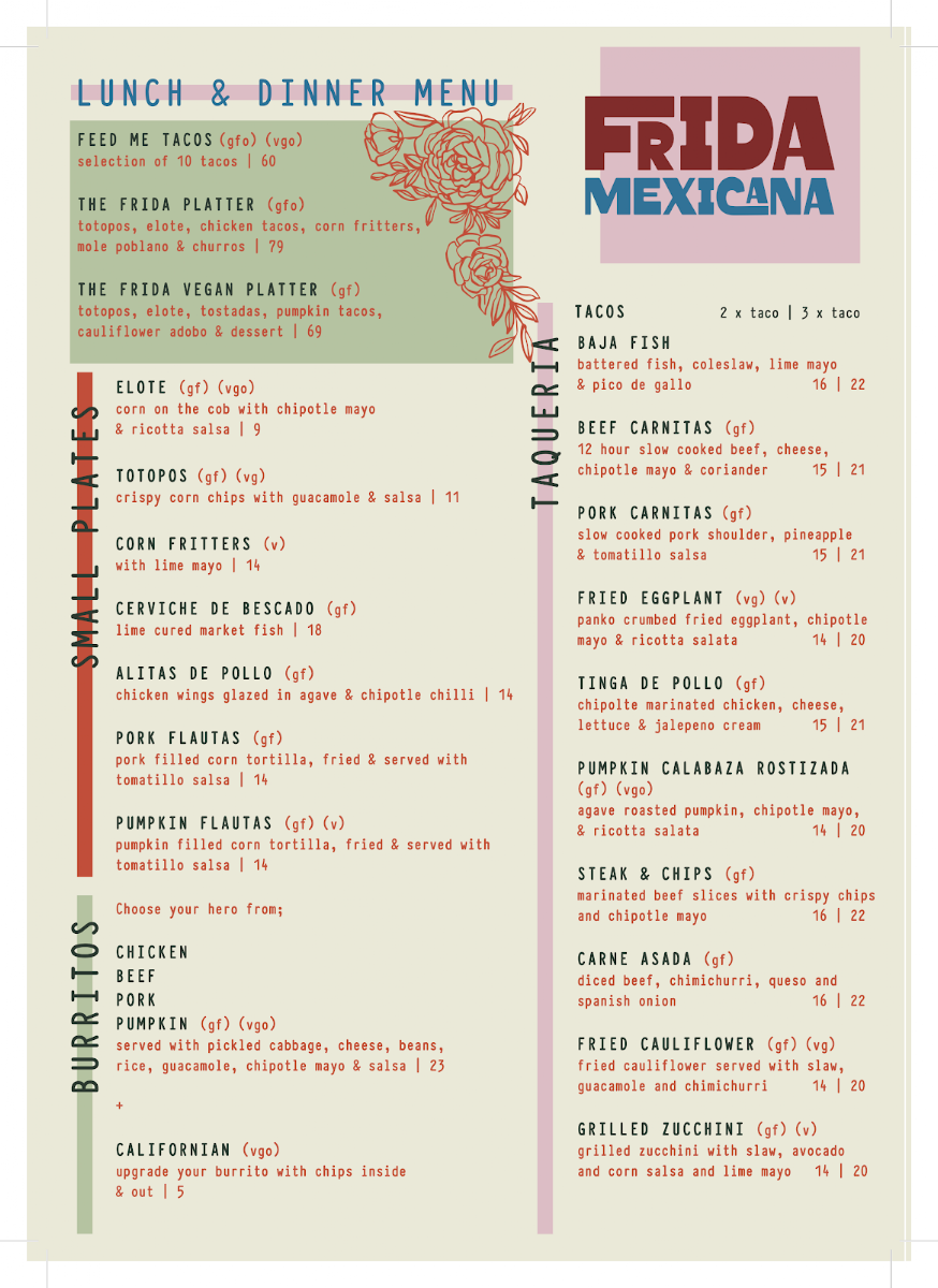 Menu, Frida Mexicana