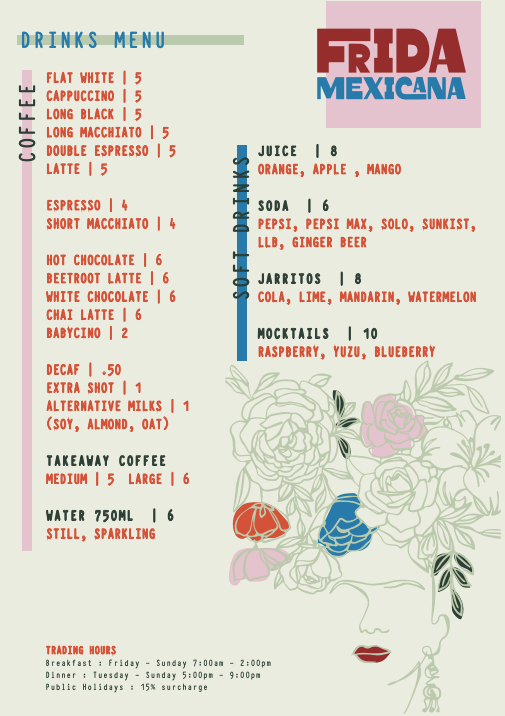 Menu, Frida Mexicana