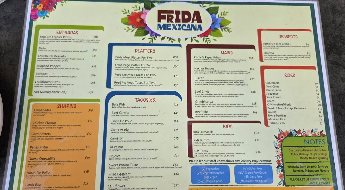 Menu, Frida Mexicana