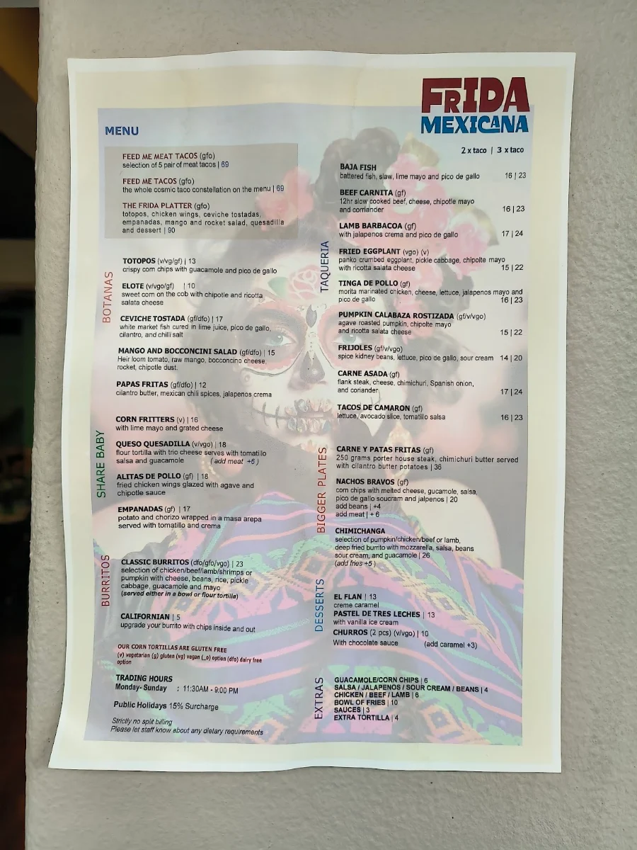 Menu, Frida Mexicana
