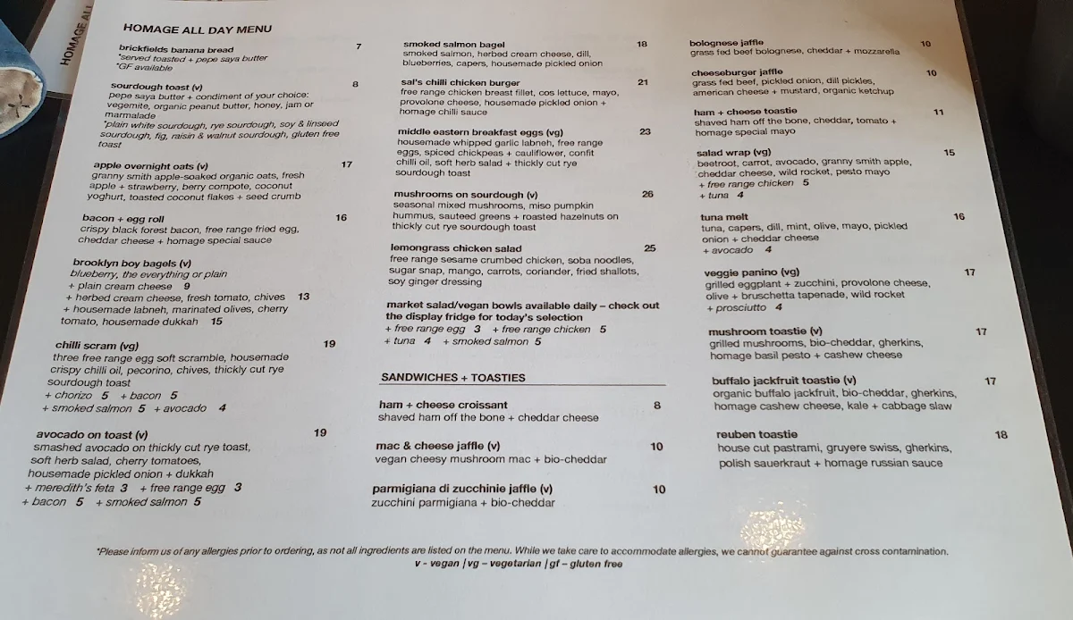 Menu, homage specialty coffee