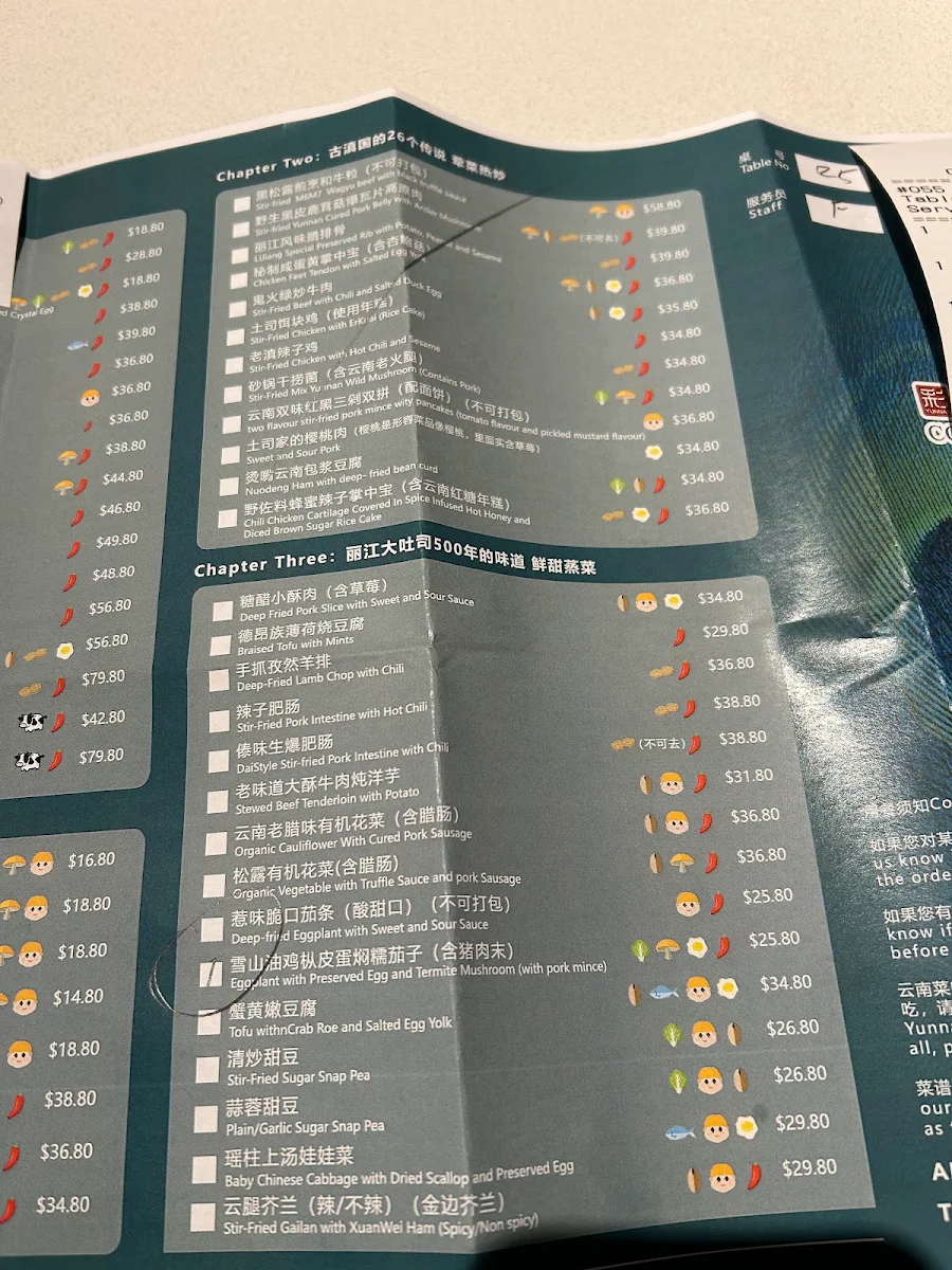 Menu, Colourful Yunnan