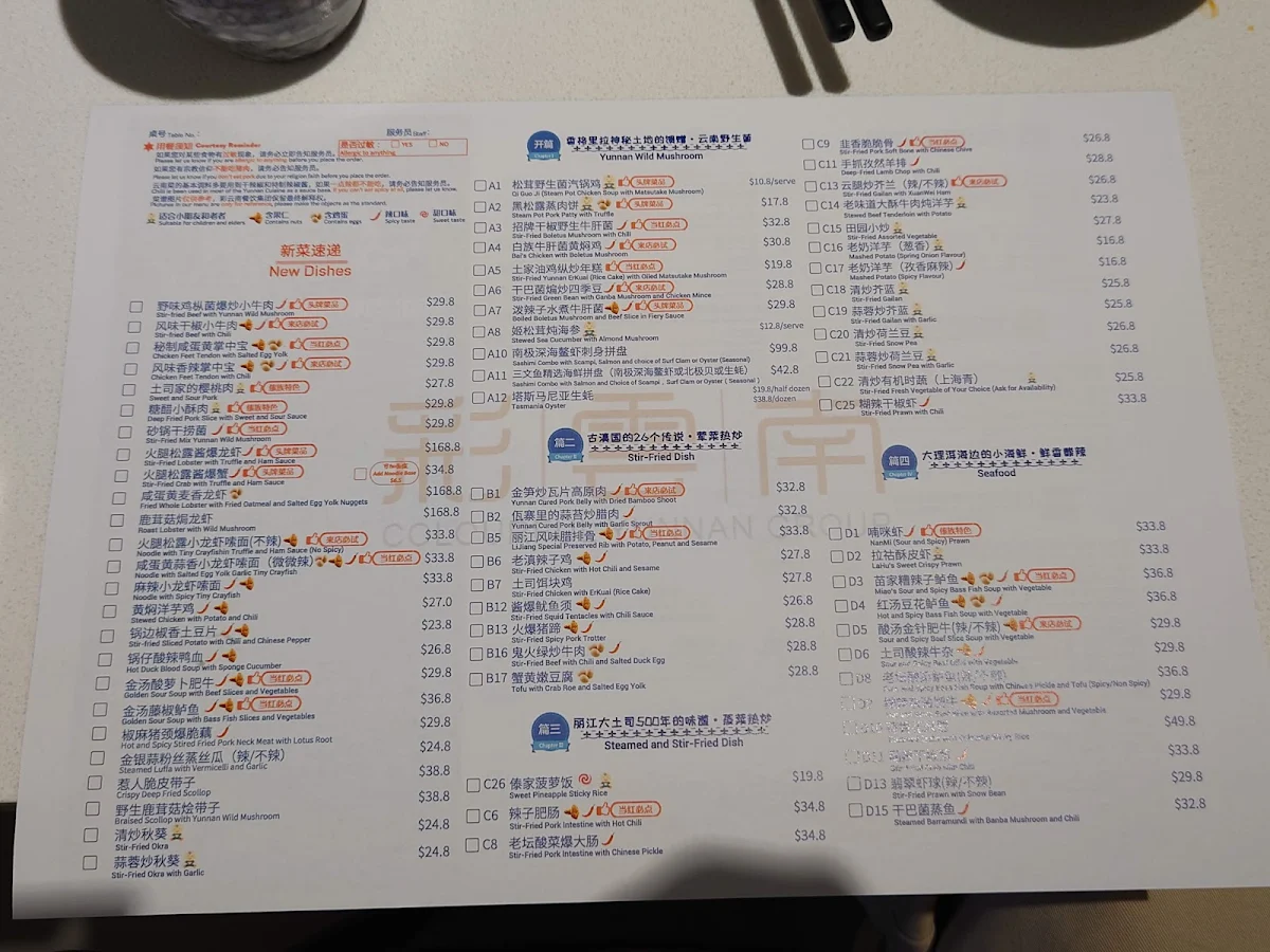 Menu, Colourful Yunnan