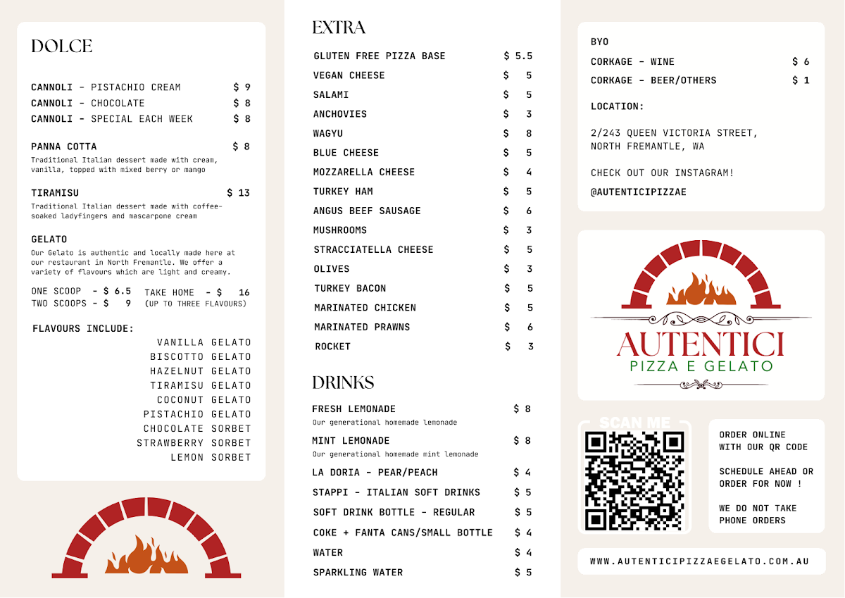 Menu, Autentici - Pizza e Gelato