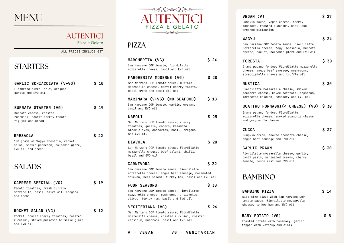 Menu, Autentici - Pizza e Gelato