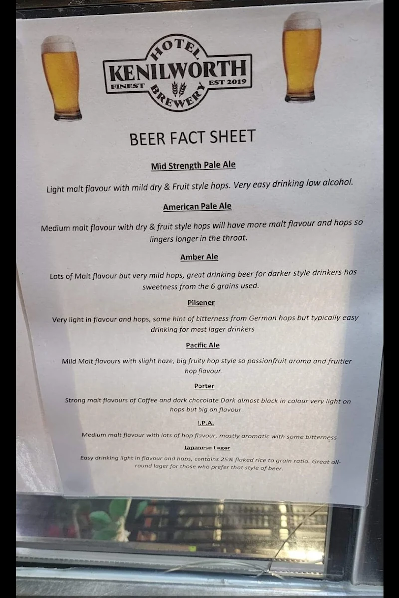Menu, Kenilworth Hotel & Brewery