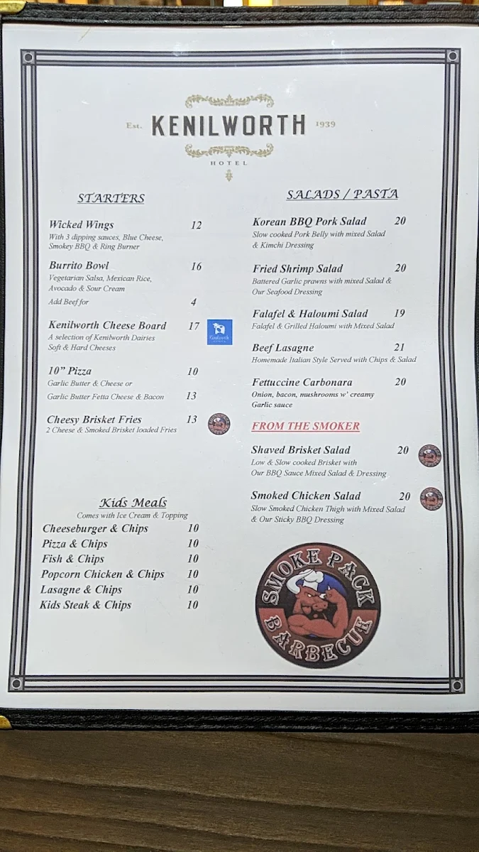 Menu, Kenilworth Hotel & Brewery