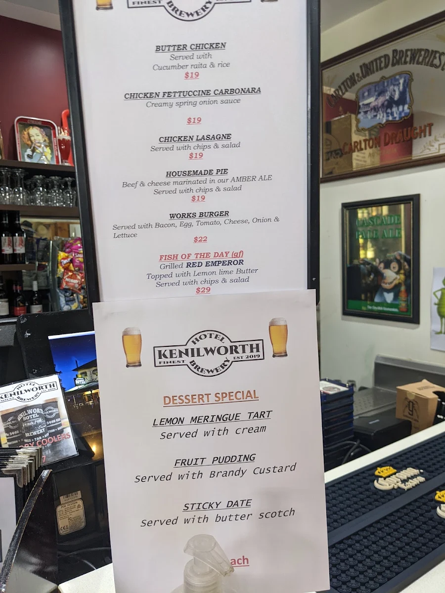 Menu, Kenilworth Hotel & Brewery