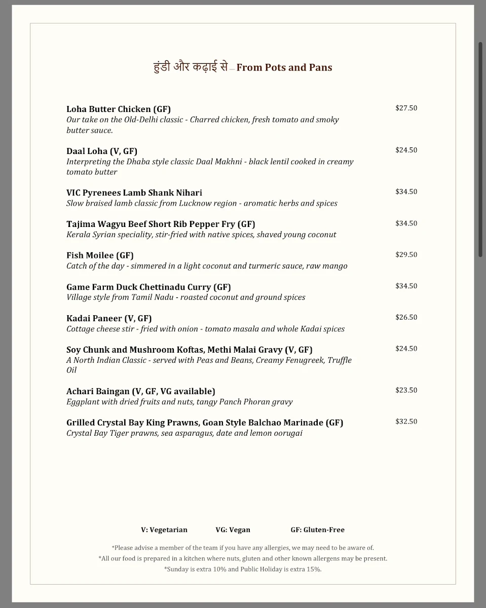 Menu, Loha