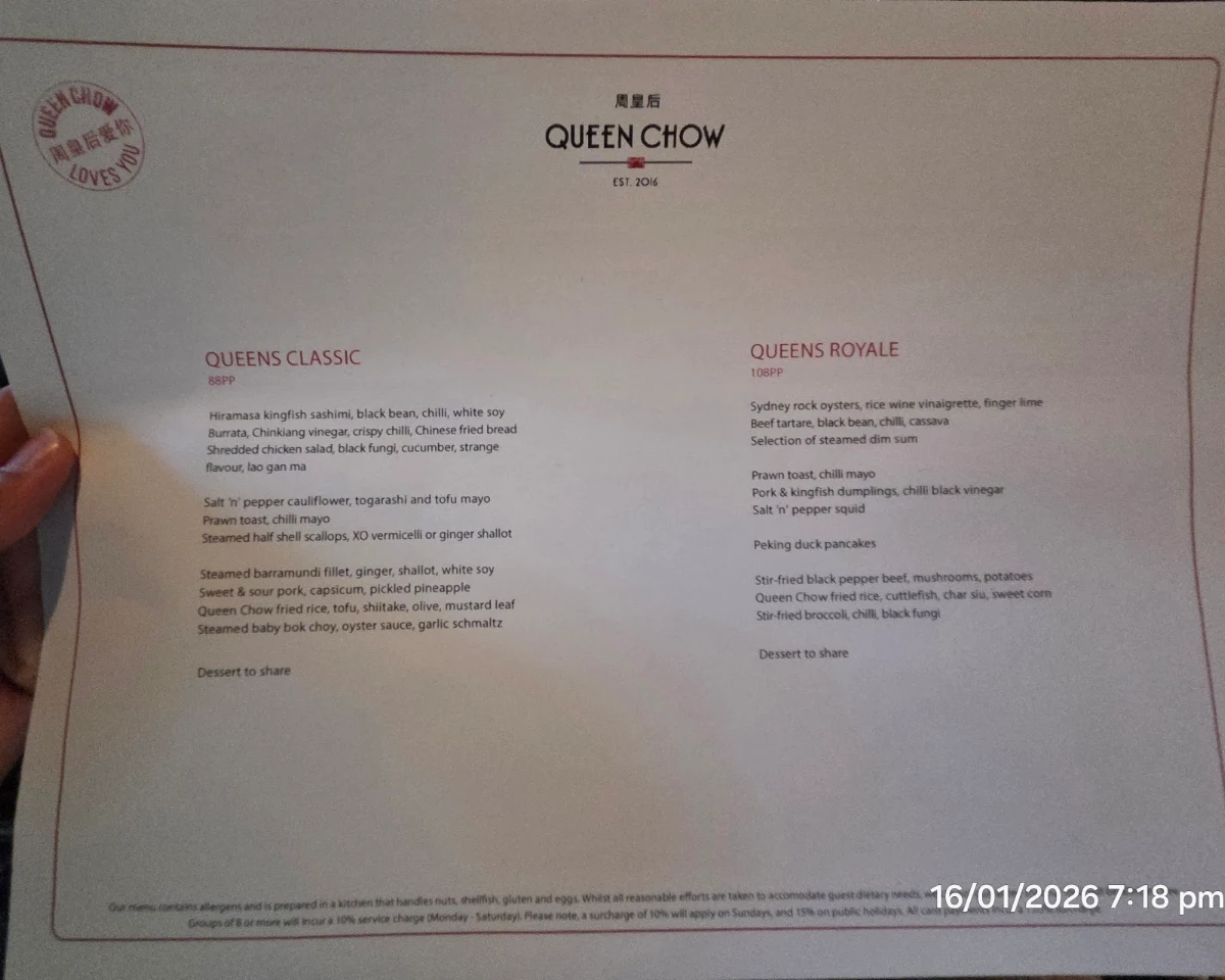 Menu, Queen Chow Enmore