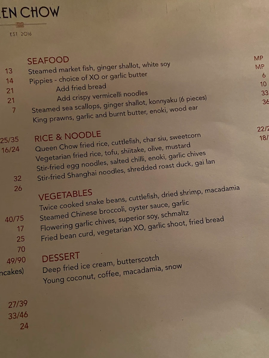 Menu, Queen Chow Enmore