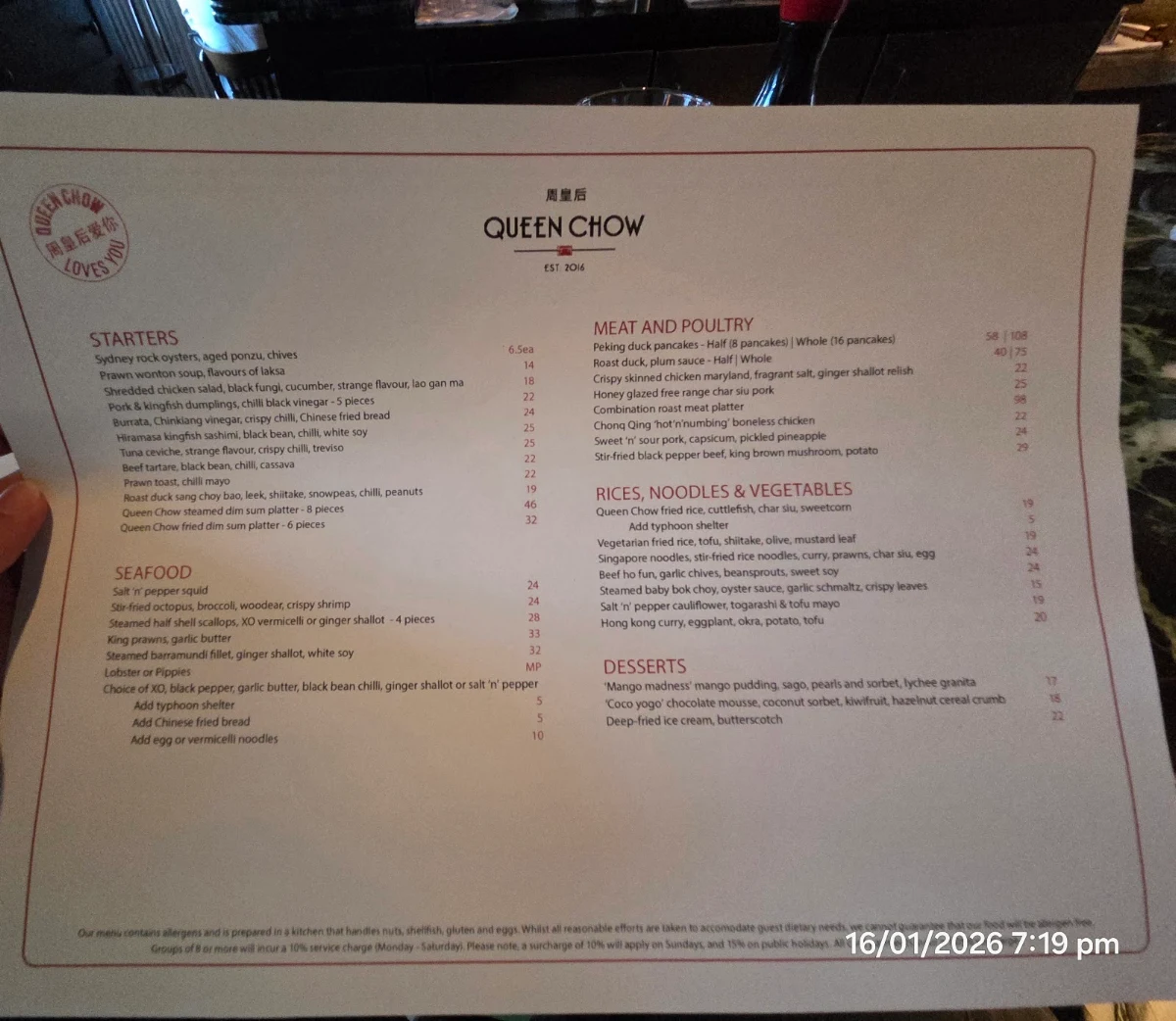 Menu, Queen Chow Enmore